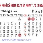 Lịch nghỉ lễ 30/4 và 1/5/2017 (nghỉ 4 ngày)