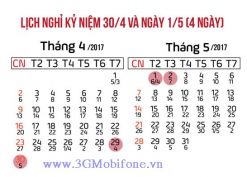 Lịch nghỉ lễ 30/4 và 1/5/2017 (nghỉ 4 ngày)