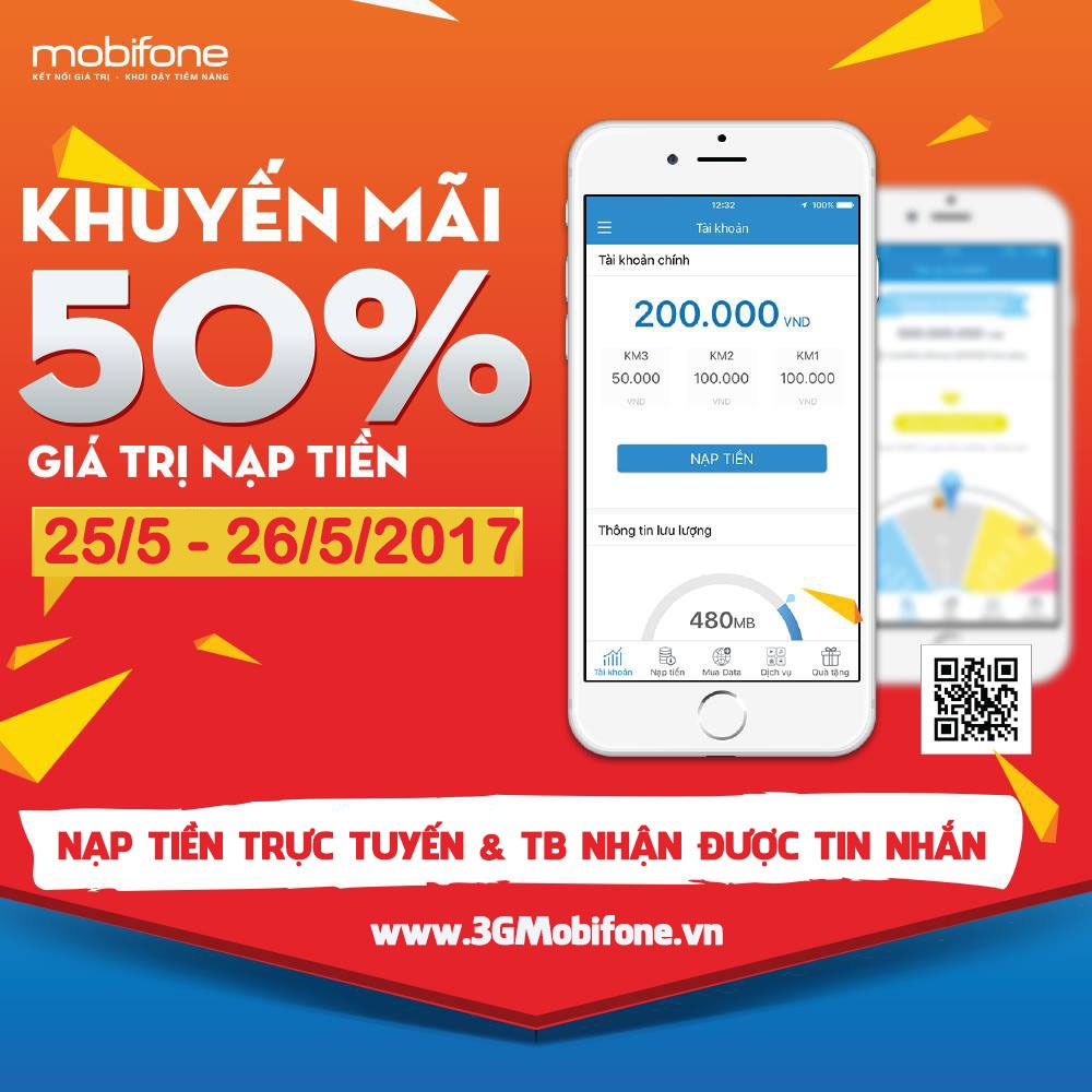 Mobifone khuyến mãi 50% giá trị thẻ nạp trong 2 ngày 25/5, 26/5