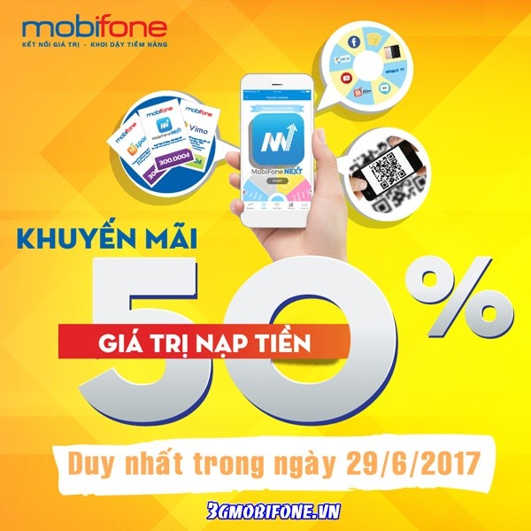 Mobifone khuyến mãi ngày 29/6 ưu đãi 50% giá trị thẻ nạp