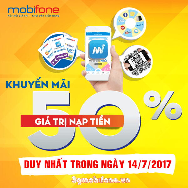 Mobifone khuyến mãi ngày 14/7 tặng 50% thẻ nạp