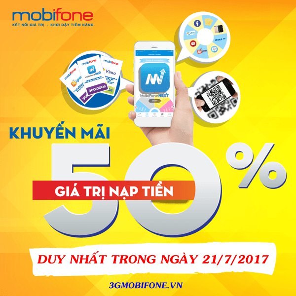 Mobifone khuyến mãi ngày 21/7/22017 ưu đãi 50% thẻ nạp