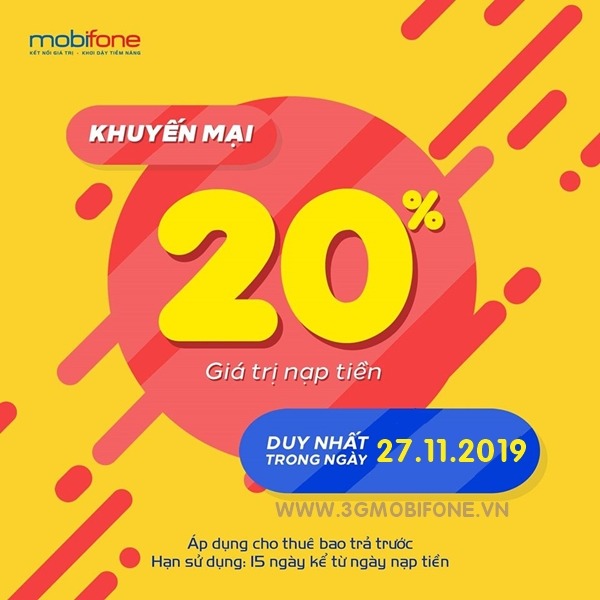 Mobifone khuyến mãi ngày 27/11/2019 tặng 20% thẻ nạp toàn quốc