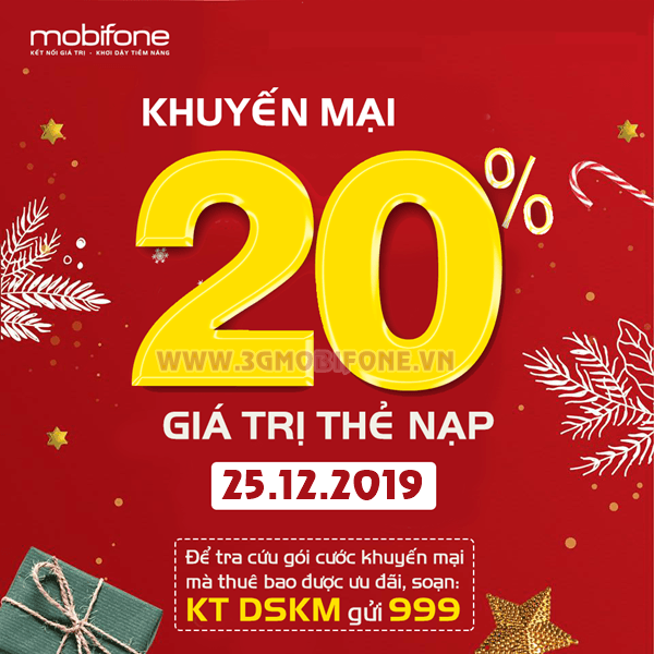 Mobifone khuyến mãi ngày 25/12/2019 tặng 20% thẻ nạp