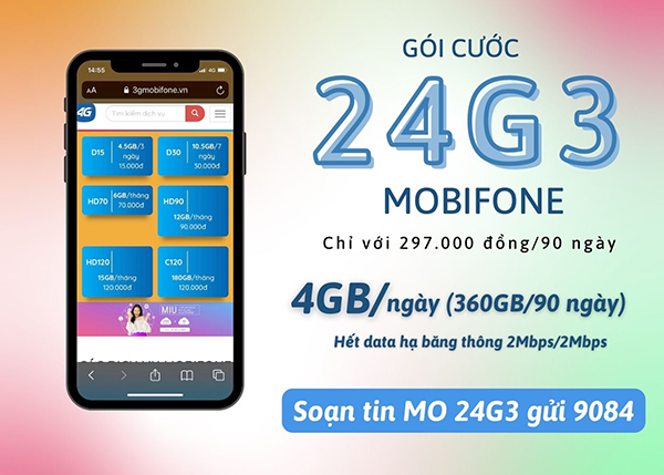 Đăng ký gói cước 24G3 Mobifone miễn phí 360GB data dùng 3 tháng 