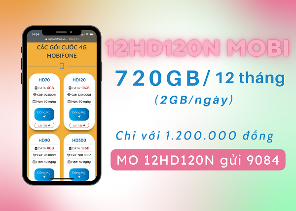 Cách đăng ký gói cước 12HD120N Mobifone nhận 720GB data dùng 12 tháng 