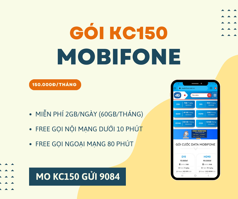 Đăng ký gói cước KC150 Mobifone có 60GB data và gọi Free cả tháng