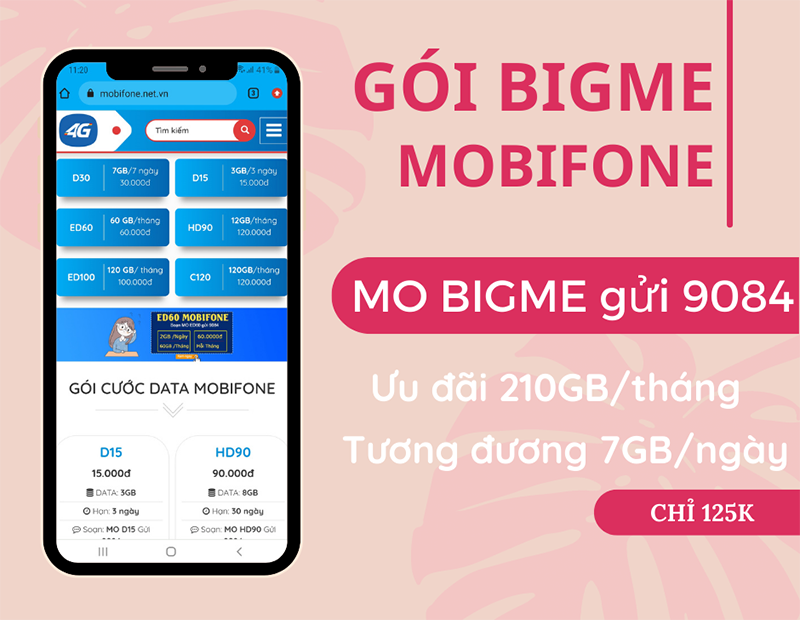 Đăng ký gói cước BIGME Mobifone có ngay 210GB data dùng 30 ngày  