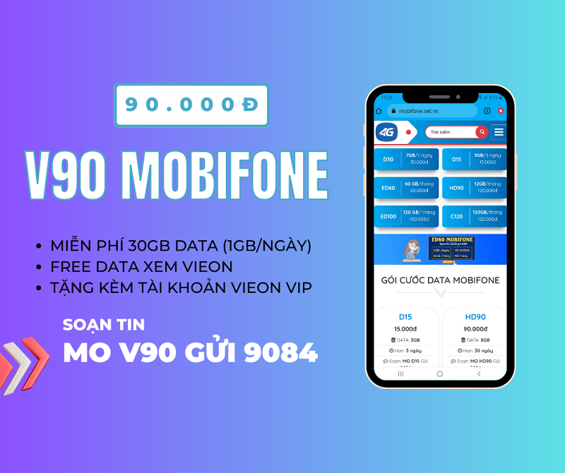 Đăng ký gói cước V90 Mobifone có ngay 30GB data dùng 30 ngày 