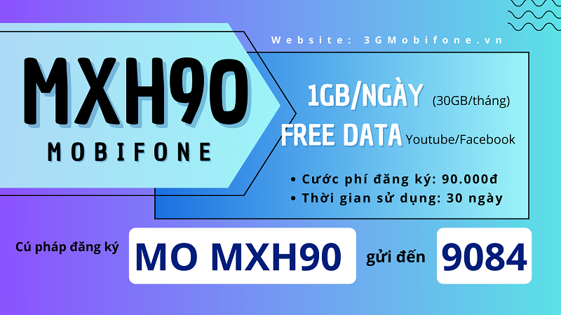 Đăng ký gói cước MXH90 Mobifone 30GB, Free data Youtube/Facebook