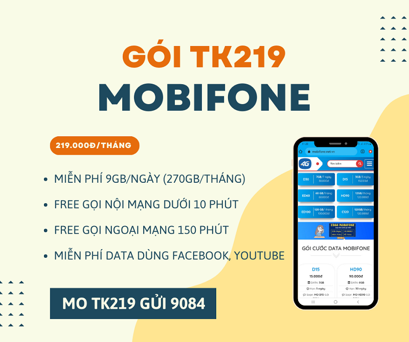 Đăng ký gói cước TK219 Mobifone miễn phí data và gọi dùng 30 ngày 
