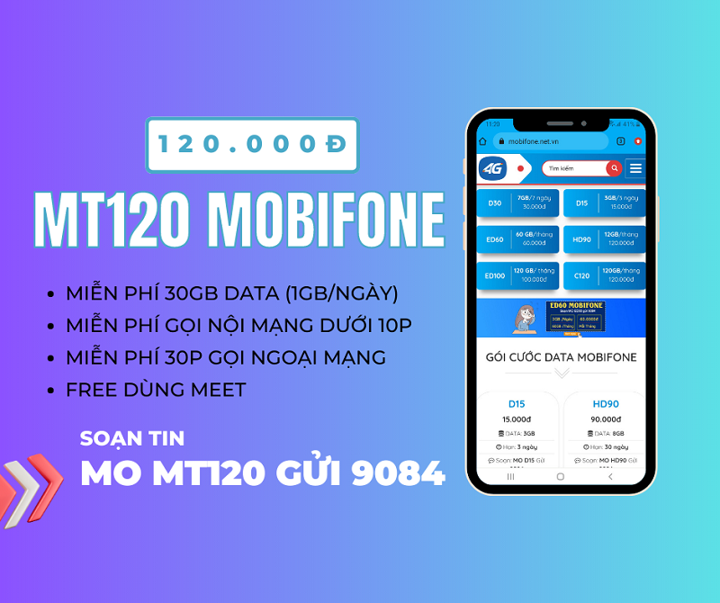 Đăng ký gói cước MT120 Mobifone có ưu đãi khủng dùng 30 ngày 