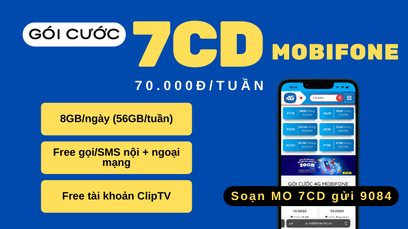 Đăng ký gói cước 7CD Mobifone có data, gọi và SMS dùng 7 ngày 