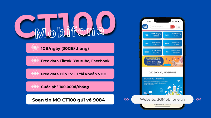 Đăng ký gói cước CT100 Mobifone ưu đãi 30GB và truy cập MXH thả ga 