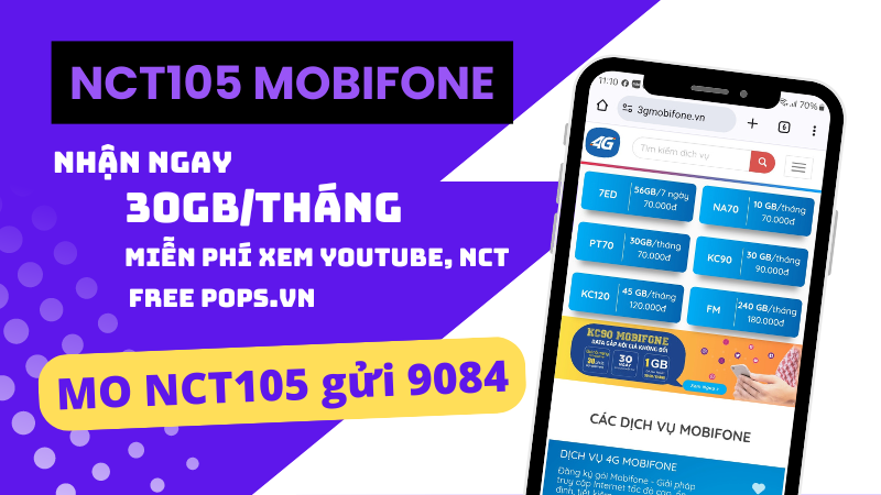 Gói cước NCT105 Mobifone ưu đãi 30GB, Free Youtube, NCT