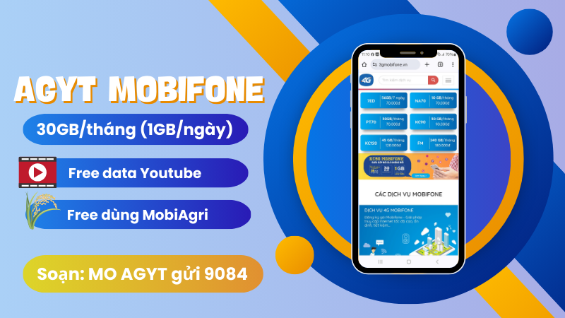 Đăng ký gói cước AGYT Mobifone ưu đãi 30GB, miễn phí ùng Youtube, MobiAgri