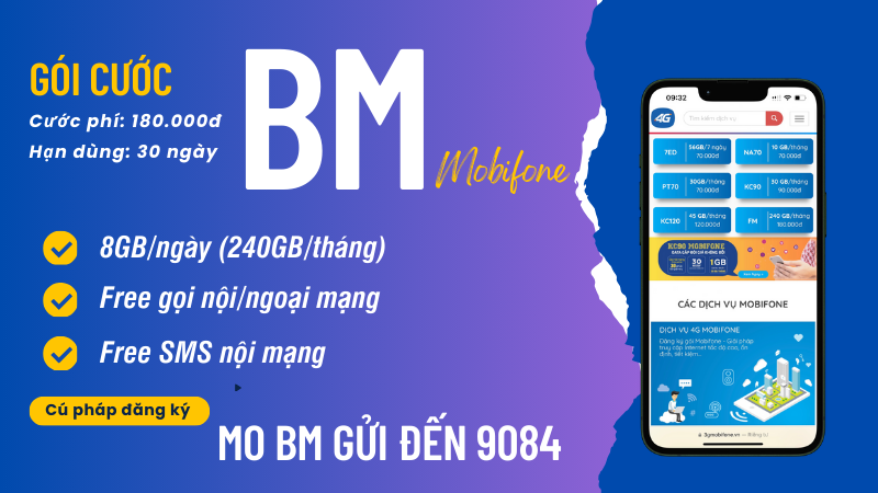 Đăng ký gói cước BM Mobifone có 240GB data, gọi và SMS miễn phí 