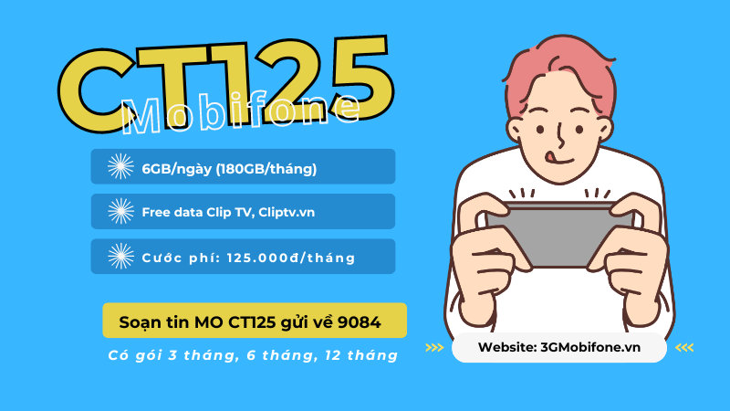 Đăng ký gói cước CT125 Mobifone có 180GB data, free data ClipTV