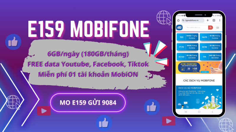 Đăng ký gói E159 Mobifone miễn phí 180GB, data dùng Facebook, Tiktok, Youtube và MobiOn