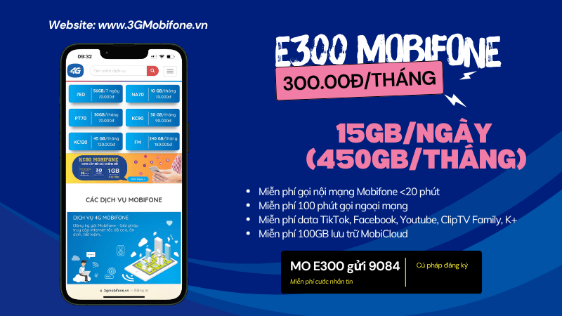 Cách đăng ký gói cước E300 Mobifone miễn phí 450GB/tháng, free data MXH