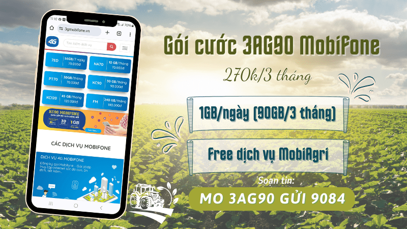 Đăng ký gói 3AG90 Mobifone miễn phí 90GB, tặng dịch vụ MobiAgri